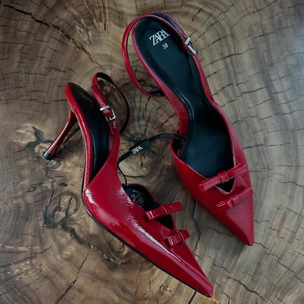 Zara Red Bow Slingback Heels Pointed Toe NWT - Picture 15 of 16
